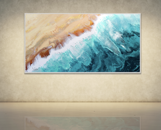 ABSTRACT painting that gives the impression of soothing ocean waves lapping in to soft sandy shore.  The intricate mosaic pattern within the tonal blue hues and the glimmering metallics adds interest and intrigue.
The closer you get to the painting the more of the interesting details and patterns you can see. Metallics add an extra depth because the painting changes personality when one views from different angles.