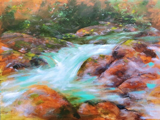 Abstract impressionist forest painting with creek and small waterfall, in ochre, muted mauve and turquoise. By Australian artist Victoria Collins.