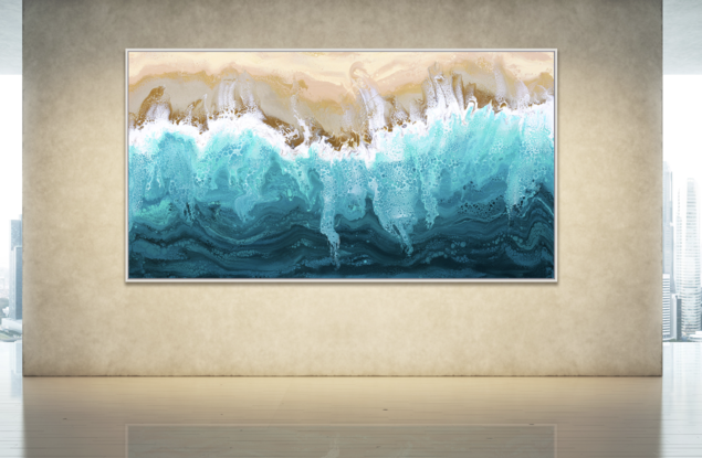 ABSTRACT painting that gives the impression of soothing ocean waves lapping in to soft sandy shore.  The intricate mosaic pattern within the tonal blue hues and the glimmering metallics adds added interest and intrigue.
The closer you get to the painting the more of the interesting details and patterns you can see. Metallics add an extra depth because the painting changes personality when one views from different angles.