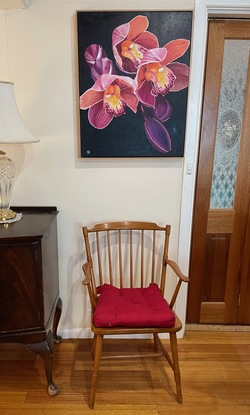 Magenta and pink orchids (Cymbidium) with a contrasting dark background in a floating Tassie Oak frame.