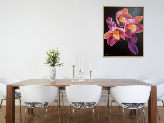 Magenta and pink orchids (Cymbidium) with a contrasting dark background in a floating Tassie Oak frame.