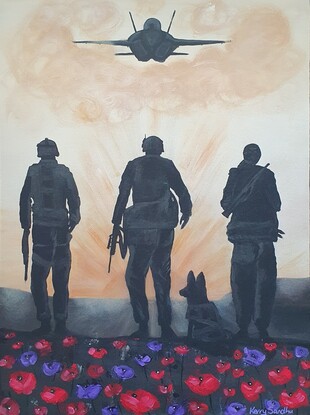 A silhouette of two Australian soldiers, an army dog and one Afghani soldier overlooking dusty land to the rising sun with an F18 flying overhead. Behind them is a field of red and purple poppies.