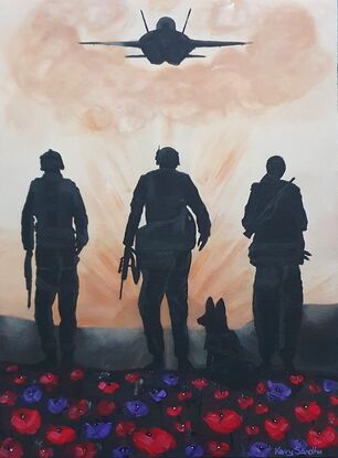 A silhouette of two Australian soldiers, an army dog and one Afghani soldier overlooking dusty land to the rising sun with an F18 flying overhead. Behind them is a field of red and purple poppies.