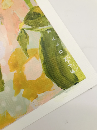 Abstract painting of garden scene in soft colours.