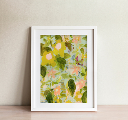 Abstract painting of garden scene in soft colours.