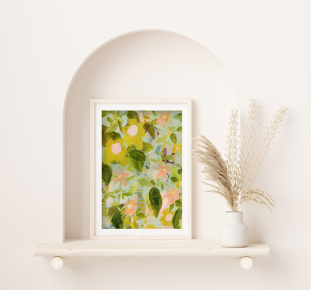 Abstract painting of garden scene in soft colours.