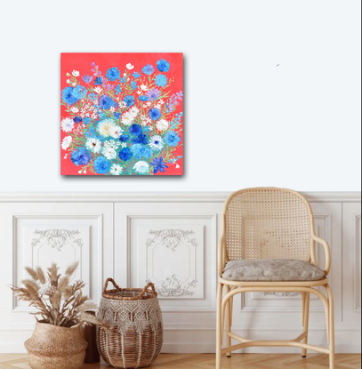 A thick textured oil painting of blue and white spring flowers on a red background.