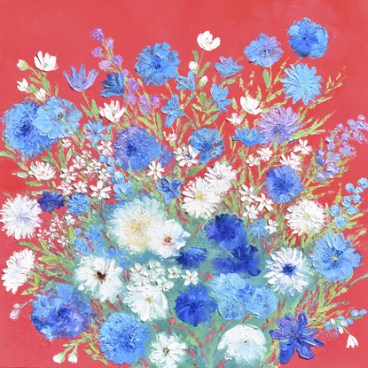 A thick textured oil painting of blue and white spring flowers on a red background.