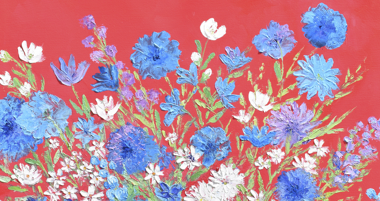 A thick textured oil painting of blue and white spring flowers on a red background.