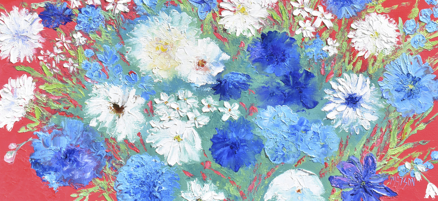 A thick textured oil painting of blue and white spring flowers on a red background.