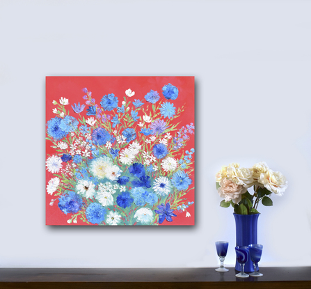 A thick textured oil painting of blue and white spring flowers on a red background.