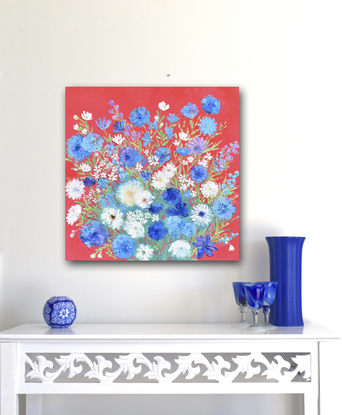 A thick textured oil painting of blue and white spring flowers on a red background.