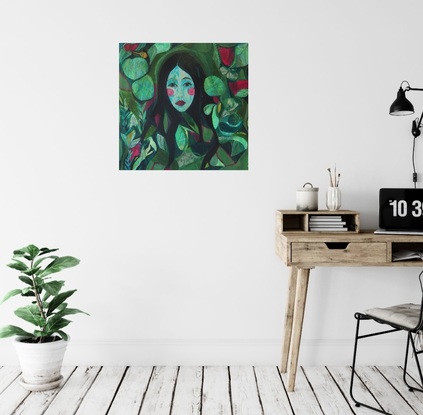 A large square acrylic painting with a central image of a female face.  Her face is shaded in blue and she has a watchful, guiding expression on her face.  Surrounding her is green plants and leaves that weave in and out in an eclectic connection of line and form.  Throughout the green there are small detailed illustrations of insects and gardening tools hidden amongst the greenery.