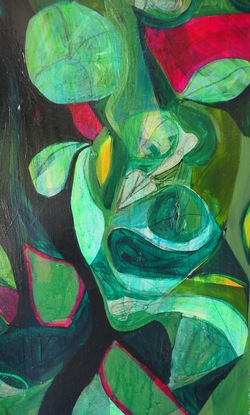 A large square acrylic painting with a central image of a female face.  Her face is shaded in blue and she has a watchful, guiding expression on her face.  Surrounding her is green plants and leaves that weave in and out in an eclectic connection of line and form.  Throughout the green there are small detailed illustrations of insects and gardening tools hidden amongst the greenery.