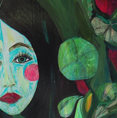 A large square acrylic painting with a central image of a female face.  Her face is shaded in blue and she has a watchful, guiding expression on her face.  Surrounding her is green plants and leaves that weave in and out in an eclectic connection of line and form.  Throughout the green there are small detailed illustrations of insects and gardening tools hidden amongst the greenery.