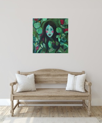 A large square acrylic painting with a central image of a female face.  Her face is shaded in blue and she has a watchful, guiding expression on her face.  Surrounding her is green plants and leaves that weave in and out in an eclectic connection of line and form.  Throughout the green there are small detailed illustrations of insects and gardening tools hidden amongst the greenery.