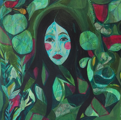 A large square acrylic painting with a central image of a female face.  Her face is shaded in blue and she has a watchful, guiding expression on her face.  Surrounding her is green plants and leaves that weave in and out in an eclectic connection of line and form.  Throughout the green there are small detailed illustrations of insects and gardening tools hidden amongst the greenery.