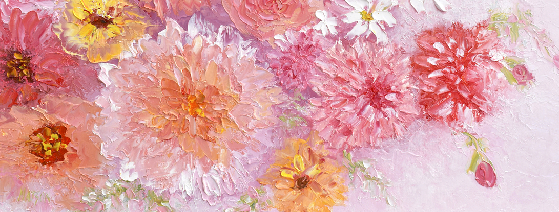 Thick textured oil Painting of spring flowers in shades of pink and apricot. 