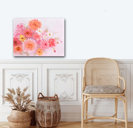 Thick textured oil Painting of spring flowers in shades of pink and apricot. 