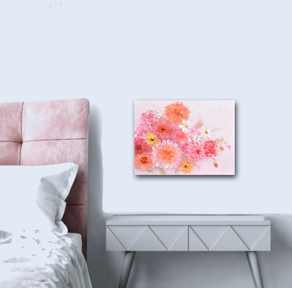 Thick textured oil Painting of spring flowers in shades of pink and apricot. 