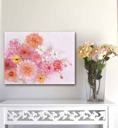 Thick textured oil Painting of spring flowers in shades of pink and apricot. 