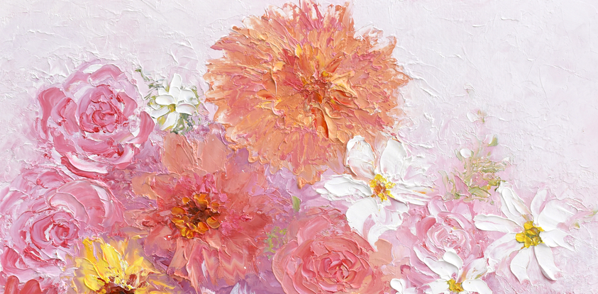 Thick textured oil Painting of spring flowers in shades of pink and apricot. 