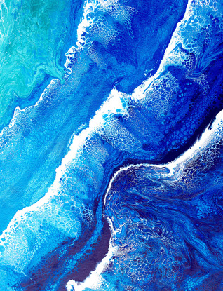 ABSTRACT painting that gives the impression of soothing ocean waves lapping in to soft sandy shore.  The intricate mosaic pattern within the tonal blue hues and the glimmering metallics adds added interest and intrigue.
The closer you get to the painting the more of the interesting details and patterns you can see. Metallics add an extra depth because the painting changes personality when one views from different angles.