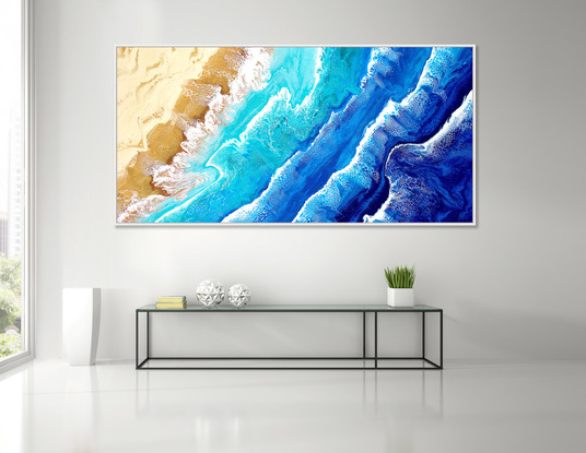 ABSTRACT painting that gives the impression of soothing ocean waves lapping in to soft sandy shore.  The intricate mosaic pattern within the tonal blue hues and the glimmering metallics adds added interest and intrigue.
The closer you get to the painting the more of the interesting details and patterns you can see. Metallics add an extra depth because the painting changes personality when one views from different angles.