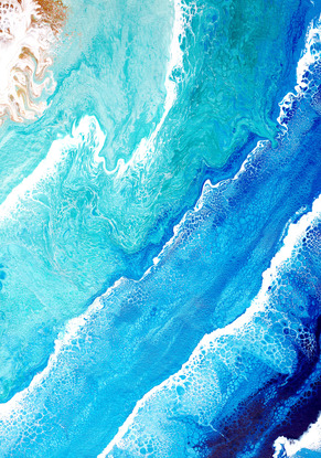 ABSTRACT painting that gives the impression of soothing ocean waves lapping in to soft sandy shore.  The intricate mosaic pattern within the tonal blue hues and the glimmering metallics adds added interest and intrigue.
The closer you get to the painting the more of the interesting details and patterns you can see. Metallics add an extra depth because the painting changes personality when one views from different angles.