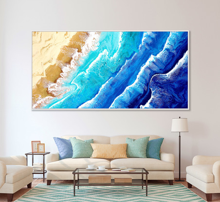 ABSTRACT painting that gives the impression of soothing ocean waves lapping in to soft sandy shore.  The intricate mosaic pattern within the tonal blue hues and the glimmering metallics adds added interest and intrigue.
The closer you get to the painting the more of the interesting details and patterns you can see. Metallics add an extra depth because the painting changes personality when one views from different angles.