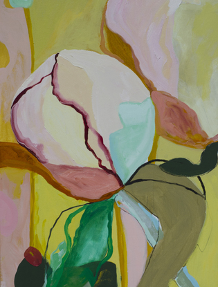 Large swelling peony buds on a pink and yellow striped background.