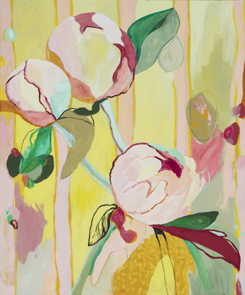 Large swelling peony buds on a pink and yellow striped background.