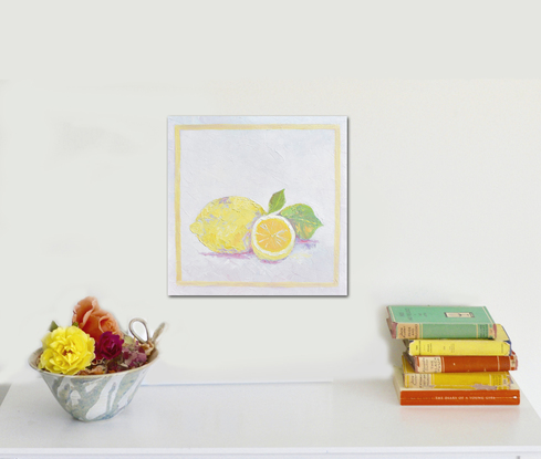 Thick textured oil painting of two lemons inside a soft yellow border.