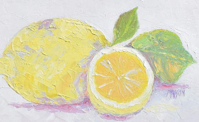 Thick textured oil painting of two lemons inside a soft yellow border.