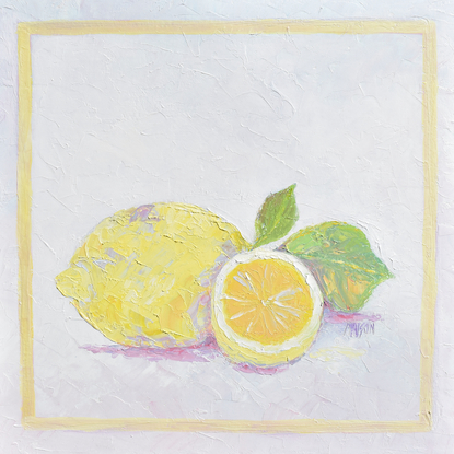 Thick textured oil painting of two lemons inside a soft yellow border.