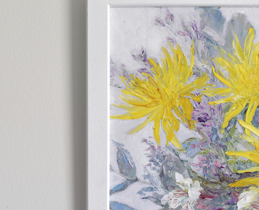 A thickly textured floral still life oil painting of yellow Dahlias and Peruvian Lilies.