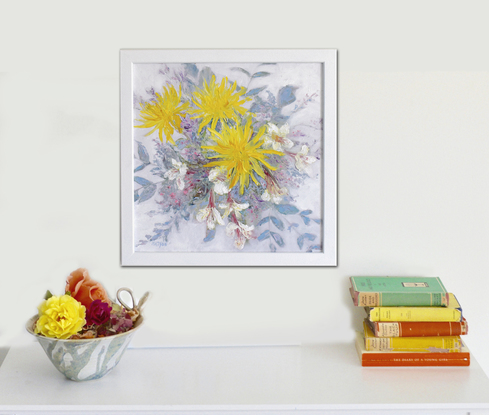 A thickly textured floral still life oil painting of yellow Dahlias and Peruvian Lilies.