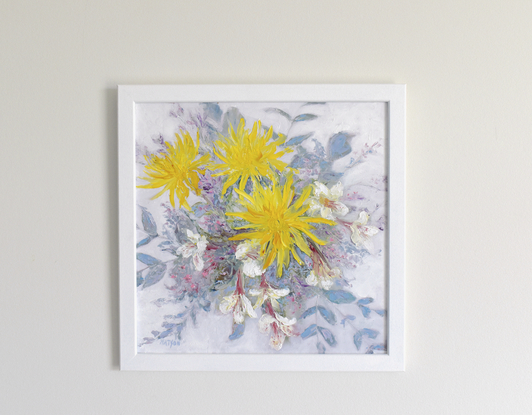 A thickly textured floral still life oil painting of yellow Dahlias and Peruvian Lilies.