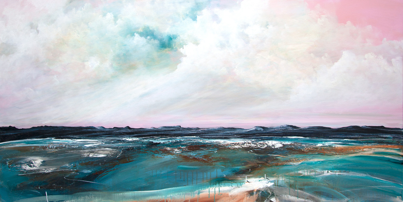 Abstract seascape in grey blue  and teal with mountain range in the horizon under a dramatic pink cloudy sky.