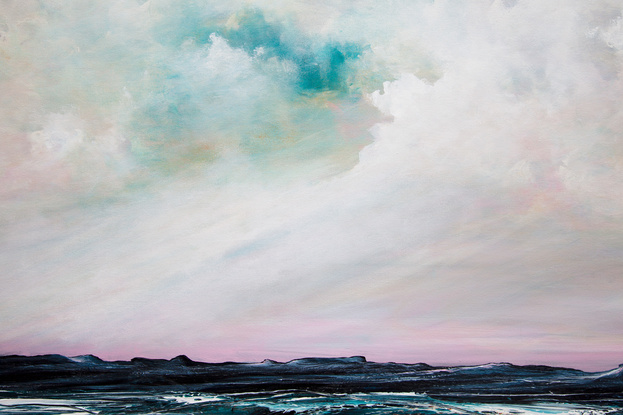 Abstract seascape in grey blue  and teal with mountain range in the horizon under a dramatic pink cloudy sky.