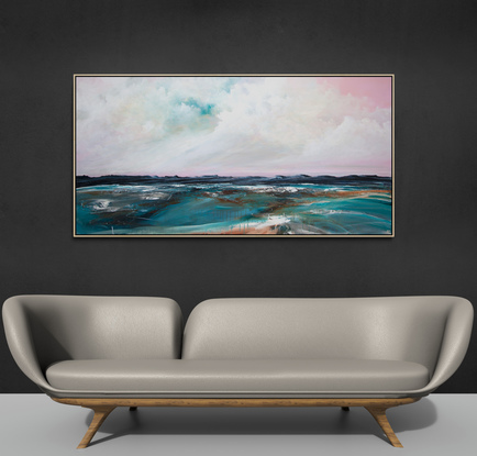 Abstract seascape in grey blue  and teal with mountain range in the horizon under a dramatic pink cloudy sky.