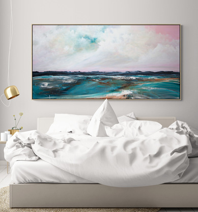 Abstract seascape in grey blue  and teal with mountain range in the horizon under a dramatic pink cloudy sky.