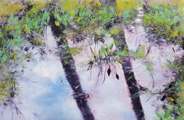 Impressionistic calligraphy style painting of rain pond with dark shadows and green grass and reeds. By Australian artist Victoria Collins