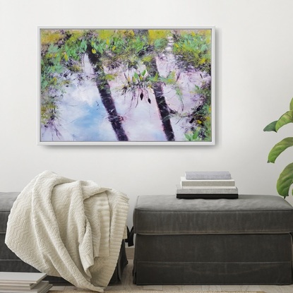 Impressionistic calligraphy style painting of rain pond with dark shadows and green grass and reeds. By Australian artist Victoria Collins