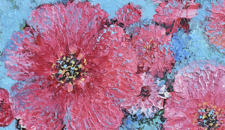 A thickly textured oil painting of pink poppies on a decorative blue background, 