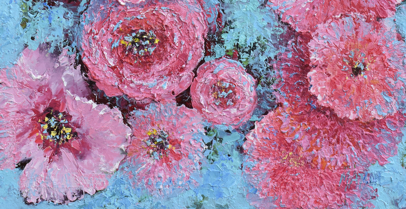 A thickly textured oil painting of pink poppies on a decorative blue background, 