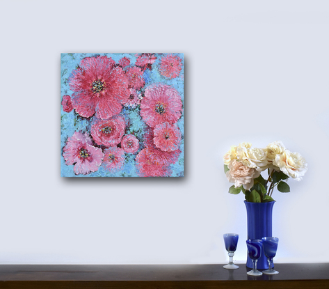 A thickly textured oil painting of pink poppies on a decorative blue background, 