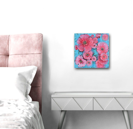 A thickly textured oil painting of pink poppies on a decorative blue background, 