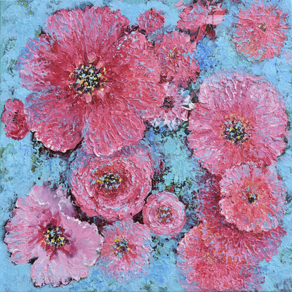 A thickly textured oil painting of pink poppies on a decorative blue background, 