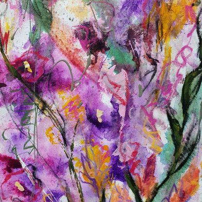 An abstract landscape of bright vivid flowers in pink, red, purple, orange, yellow and greens